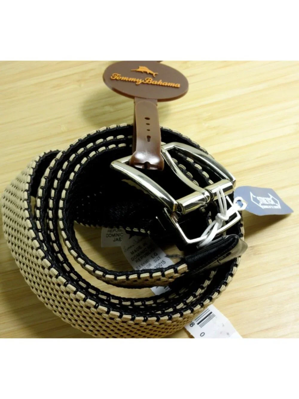 Tommy Bahama Men's Reversible Fabric Stretch Belt Black Khaki Metal Buckle NWT